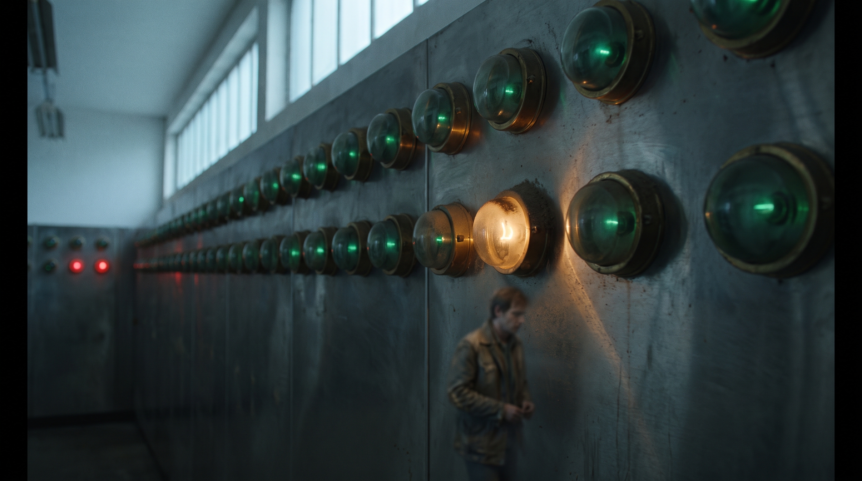 A vast dark control room of glowing gauges suspended in deep space, most frozen on a single reading — some green, two burning red — while one instrument turns to point at itself.