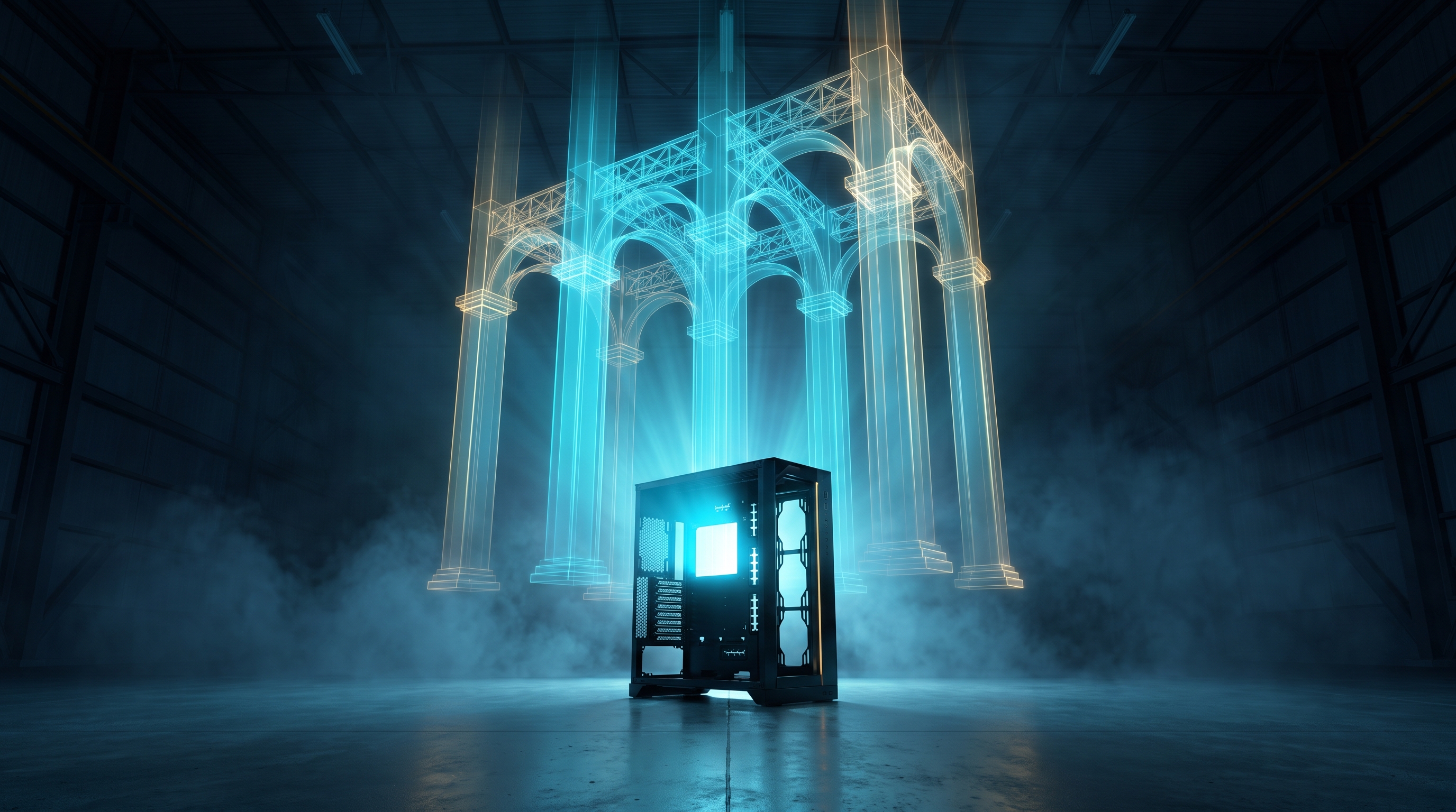 A single small desktop computer tower stands alone on a bare concrete floor in a vast dark hall, its side panel open and glowing cyan. Rising out of the open case is an enormous luminous cathedral-scale architecture of translucent arches and columns, impossibly larger than the machine containing it, dissolving into haze near the ceiling.