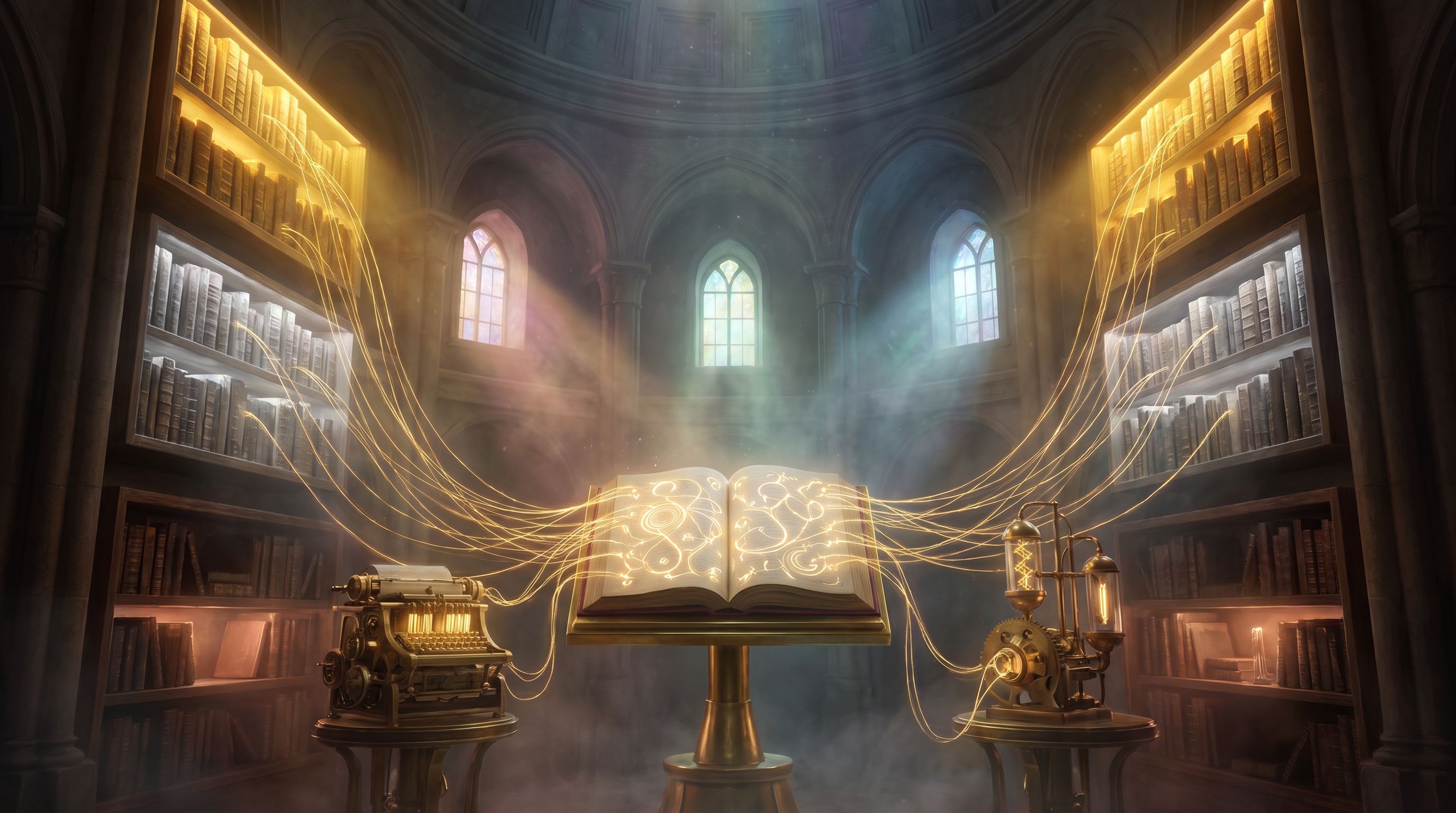A vast luminous library stretching into the distance, its shelves organized by tiers of light — gold for canon, silver for verified, dim copper for rumor — and at the library's center a single open ledger glowing with cross-references, with a writing machine and a reading machine connected to it by golden threads.