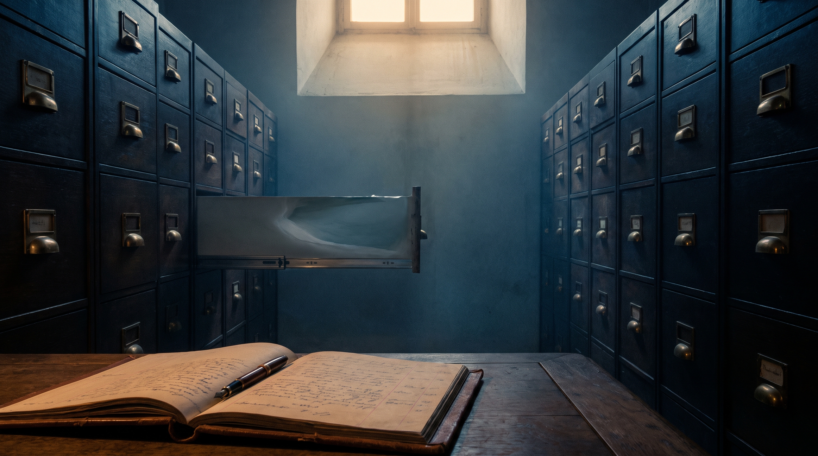A dim archive room in slate blue, lit by a single high window. Filing cabinets with brass handles line both walls and recede into shadow. One drawer in the centre has been pulled fully out and is completely empty. On a dark wooden desk in the foreground an open ledger lies covered edge to edge in dense handwriting, a fountain pen resting across the page.