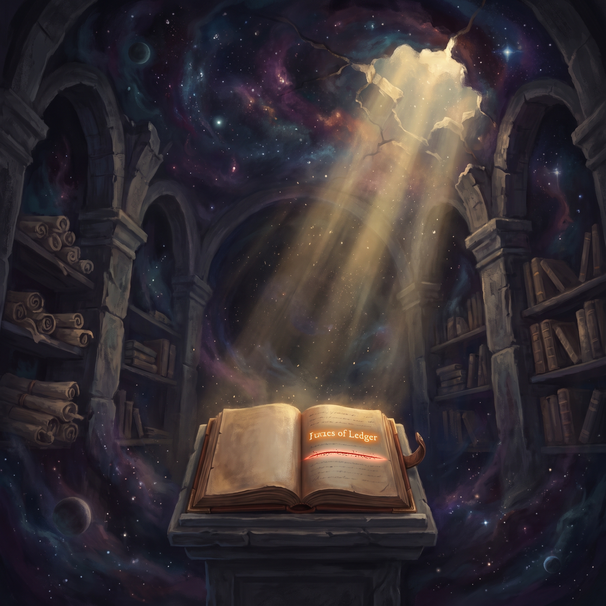 A vaulted archive lit by a single column of golden light falling onto an open ledger, one amber row still glowing while a faded row below has been crossed out with a thin red line, dust motes drifting through the shaft of light.