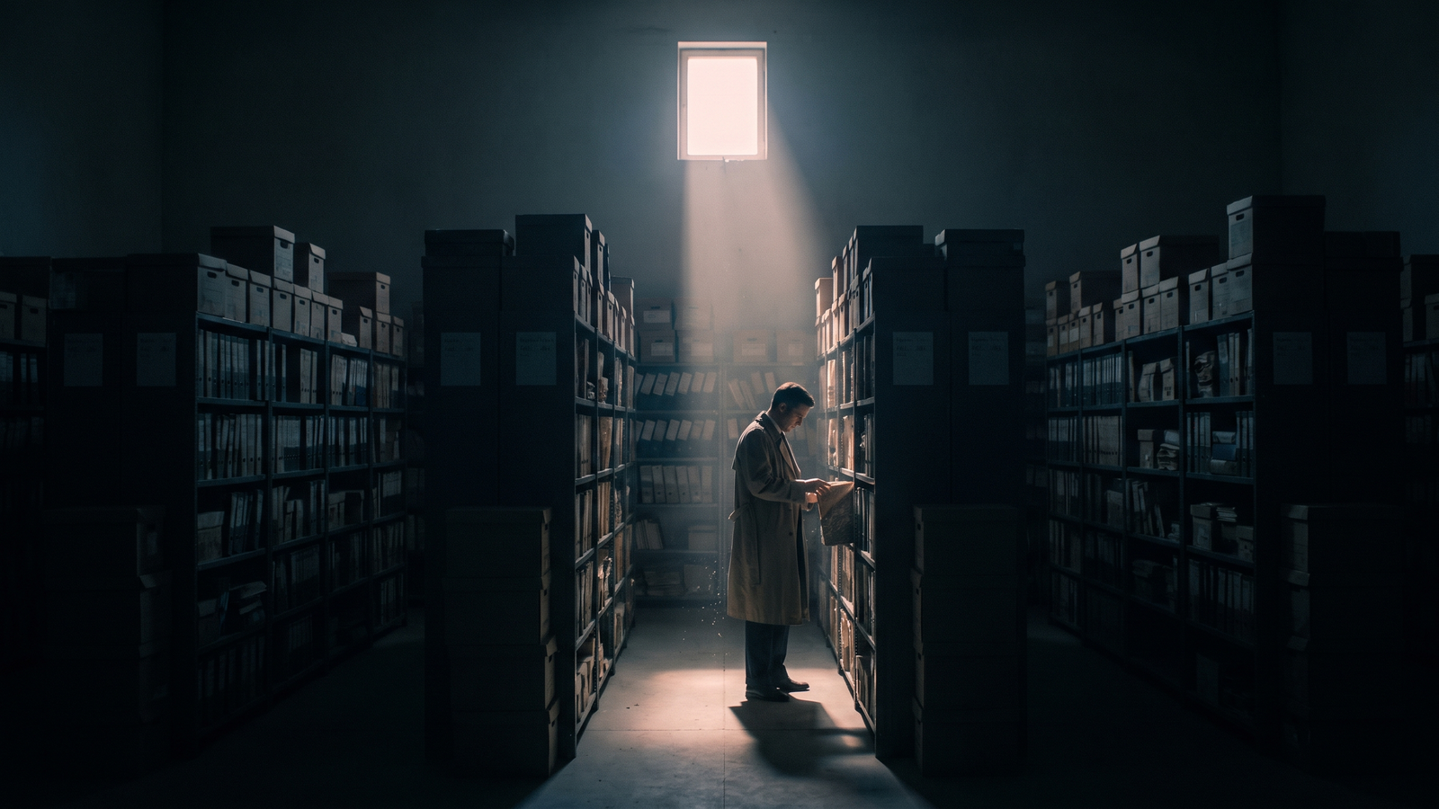 Day 53 visual: an instrument peering through a narrow aperture at a vast field of glowing events, most of them falling outside the frame into an archive below, cinematic high contrast.