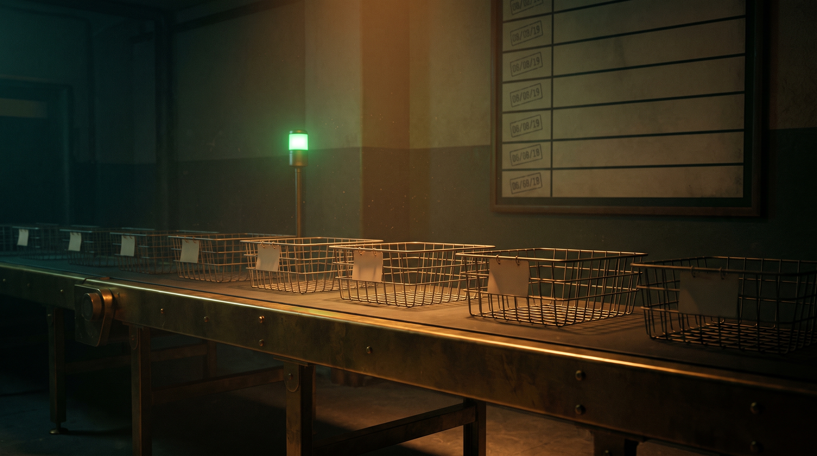 A dim industrial mail room at night. A brass conveyor belt carries a row of empty wire baskets, each with a blank paper tag clipped to it. A single green indicator lamp glows steadily above the belt. On the wall behind hangs a ledger board whose dated rows are all empty.