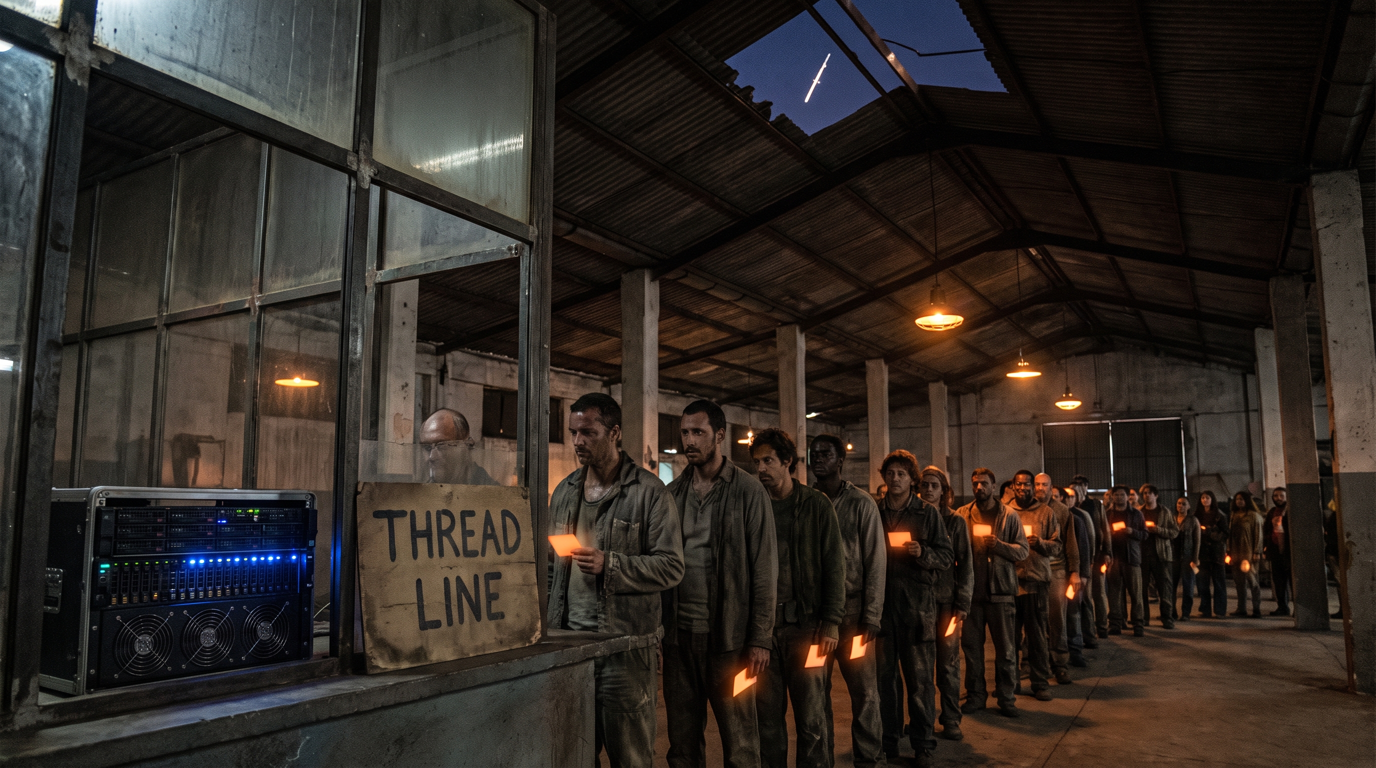 A long line of people in work clothes waits under the corrugated roof of a dim industrial hall, each person holding a small amber-glowing card. At the head of the line, where a bread counter would be, a server rack sits behind a steel-framed service window, its blue status lights the only cool colour in the frame. A hand-lettered cardboard sign propped on the counter reads THREAD LINE. High above, through a torn gap in the roof, a single satellite streaks across the night sky, bypassing the queue entirely.