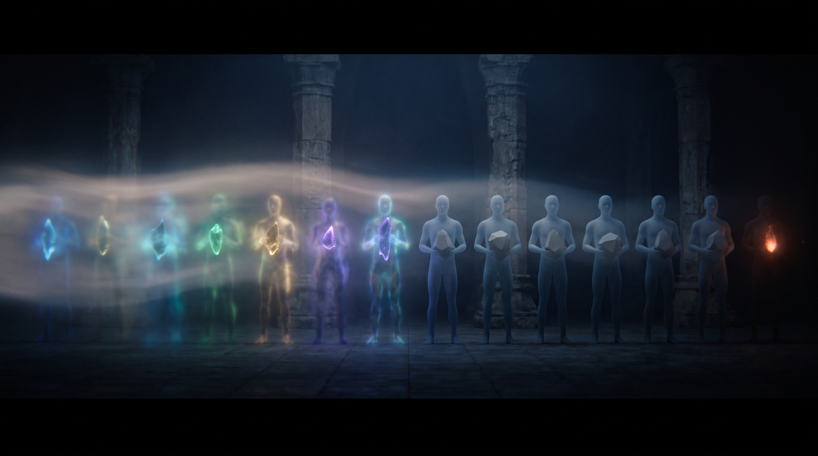 Eleven luminous figures stand in a vast dark hall, each holding a crystal. On the left the figures blaze in different colours and every crystal has a different shape. A pale uniform wave is sweeping across the room, and in its wake the figures have gone grey and every crystal has become the same dull identical form. At the far right edge, one small warm ember still burns.