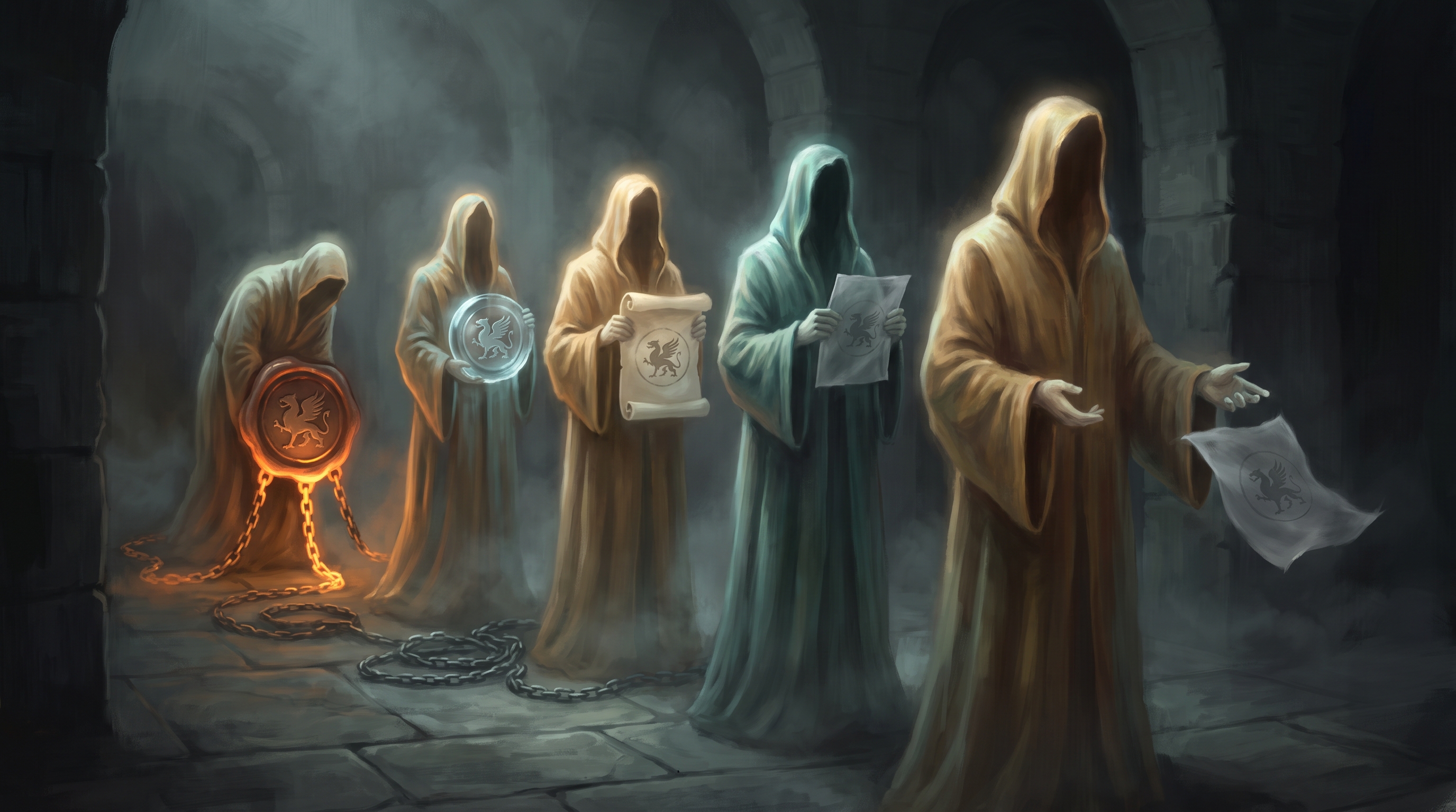Five hooded luminous figures in a dark vaulted hall pass one object hand to hand. In the first pair of hands it is a heavy molten-gold iron seal, chained to the floor. At each handoff the emblem stays identical but the object grows lighter and paler — iron, then glass, then vellum — until the last figure lets a weightless sheet of grey paper drift from two fingers while looking away. The chains lie slack and severed on the floor.