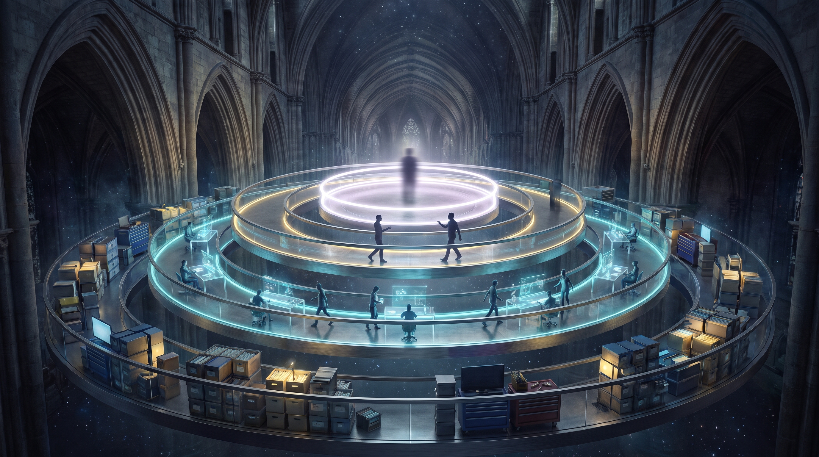 Four concentric rings, each at a different height in a dark cathedral. The innermost ring burns the model's own light, the next carries a single running conversation, the third has many smaller figures in parallel motion around a shared workspace, and the outermost ring is dense with file folders and toolboxes that hum quietly.