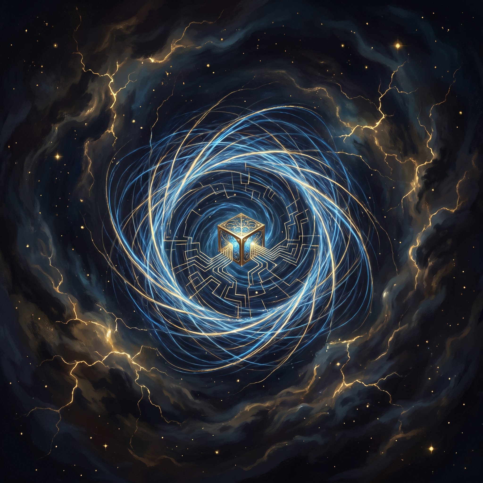 A wide field of tangled luminous threads in deep space, all collapsing inward toward a single small ordered machine at the center — a compact ring of clean circuits. The outer threads are still wild; the inner machine is calm. Dark cosmic background with golden electric highlights. The sense is that something inspectable has been recovered from something that was not.
