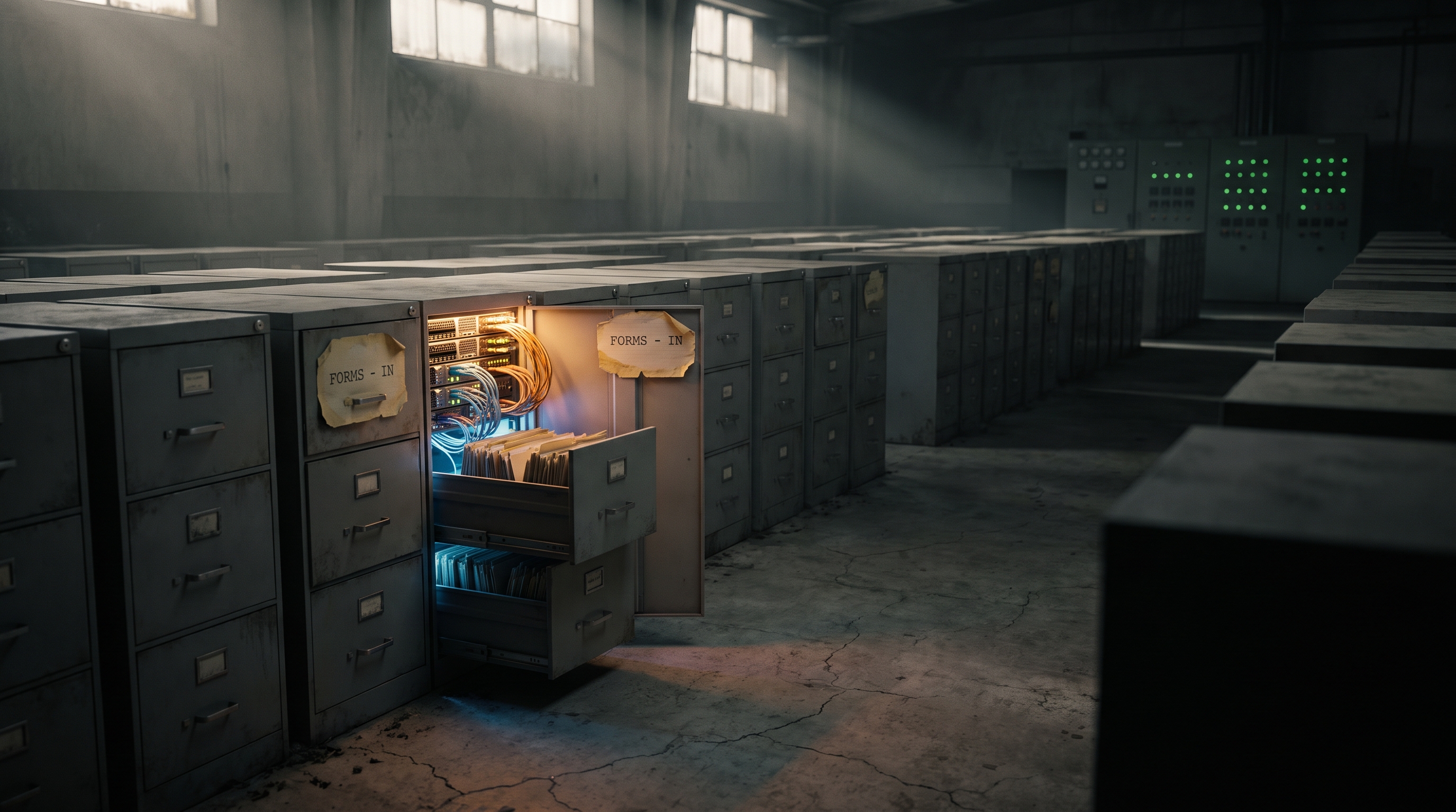 A dim records warehouse filled with rows of identical grey steel filing cabinets. One cabinet stands open: its upper compartment holds a humming stack of server boards and bundled fibre-optic cable spilling amber and blue light across the cracked concrete, while the drawers below still hold ordinary paper folders. The faded typewritten label on the cabinet reads FORMS - IN, unchanged. On the back wall, an industrial status panel shows neat rows of steady green lights. Nothing is blinking. Nothing has registered that the cabinet changed jobs.