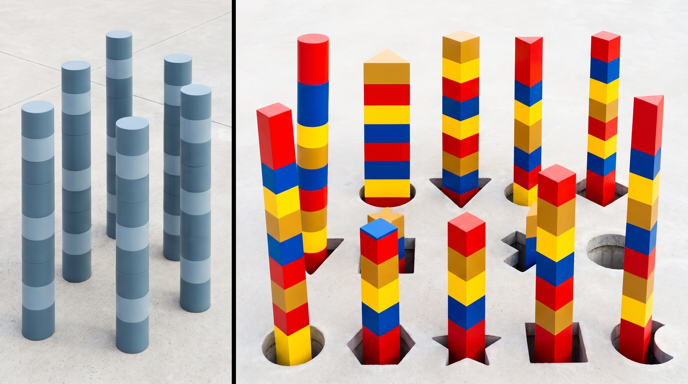 A wide image split by a thin vertical line. On the left, six identical grey cylindrical towers, each built from the same stacked bands in the same order, standing on flat unbroken ground. On the right, a dozen towers made from the same bands but each reordered and resized differently, and each one standing in a differently-shaped hole cut into the ground — a circle, a star, a hexagon, a cross — that its particular arrangement fits exactly.