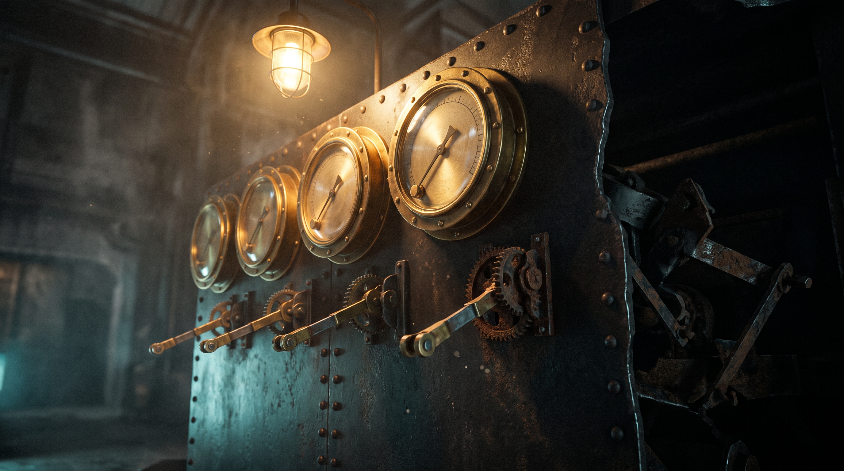 A dark industrial interior lit by a single caged lamp. A row of polished brass measuring dials is mounted on a riveted metal wall, and every needle rests at the same angle, all reading identically. Below them, brass linkage rods extend outward from the wall and simply end in mid-air, connected to nothing. Off to the right sits a rusted gear mechanism, visibly seized. The lamp lights the faces of the dials; the severed linkages sit in shadow.