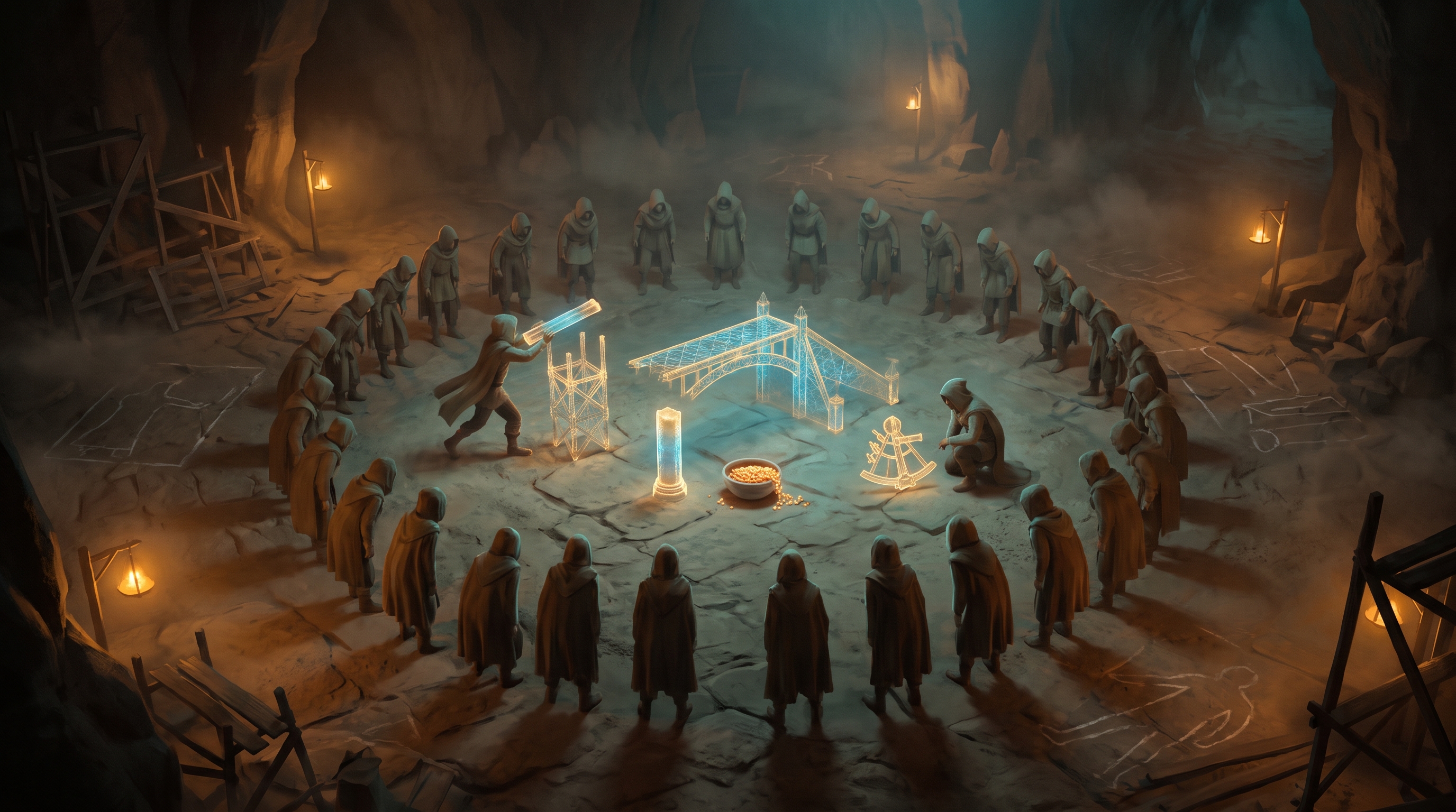 A dim cavernous workspace filled with low amber light, twenty-five small worker figures arranged in a loose ring. They are not talking to each other. Instead each figure is reaching toward the shared floor where a slowly growing lattice of luminous artifacts stands: a half-built bridge, a load-bearing pillar, a cool reservoir, a precise measuring instrument. Some figures examine what others have left; one is mid-step adding a beam to a tower begun by a different figure hours earlier. Around the ring the air holds the faint residue of earlier work — chalk marks, abandoned scaffolding, the geometry of previous attempts the next worker read without anyone explaining it to them.