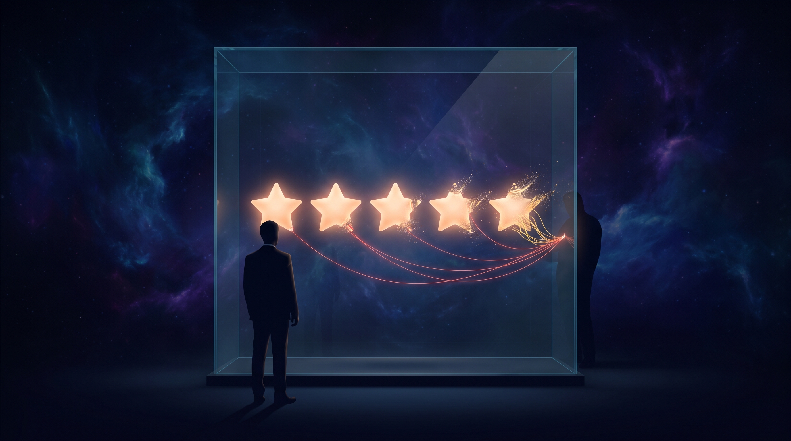 A tall glass display case with a single row of five near-identical star ratings, all of them glowing near-perfect. The case is lit from inside with a soft amber light. Through the back of the case — where no observer can see — five thin red threads pull toward different points along the row, and where they attach, the ratings underneath have begun to fray. A single human silhouette stands in front of the display, looking only at the lit front.