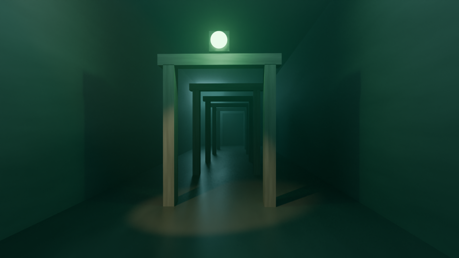 Day 79 visual: a vast dark instrument panel with four state-lamps all lit steady green, aimed through a narrow aperture at an empty unlit world, while the record it was built to watch sits dark and unobserved off to one side, cinematic high contrast surreal digital art.
