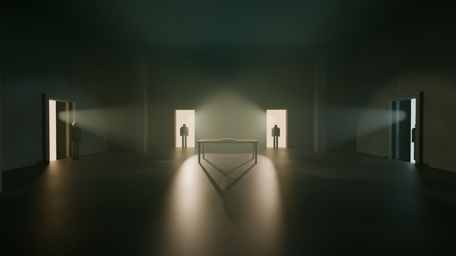 Day 80 visual: four strangers at four separate desks in four separate dark rooms, each independently drawing the same luminous diagram, while a fifth shadowed figure in the foreground holds up a small sign reading don&rsquo;t applaud, cinematic high contrast surreal digital art.