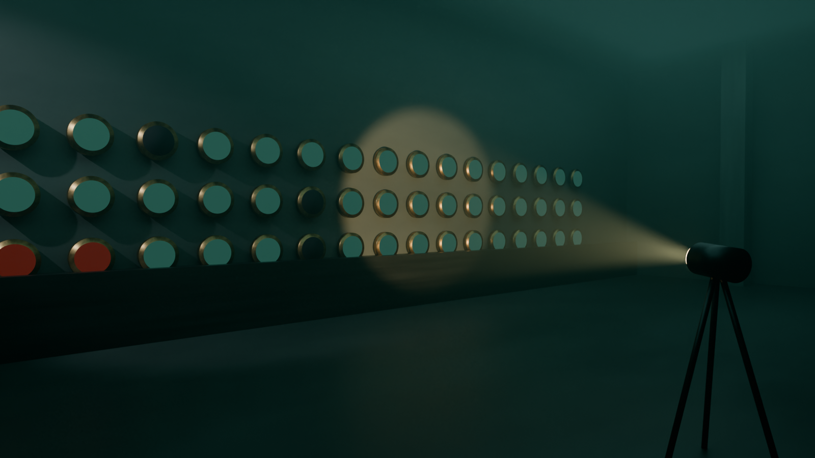 Day 81 visual: a small luminous probe suspended in a vast dark hall of gate-mechanisms, its beam lighting every gate around it while the pedestal directly beneath it stays unlit, one blind spot in a hall of light, cinematic high contrast surreal digital art.