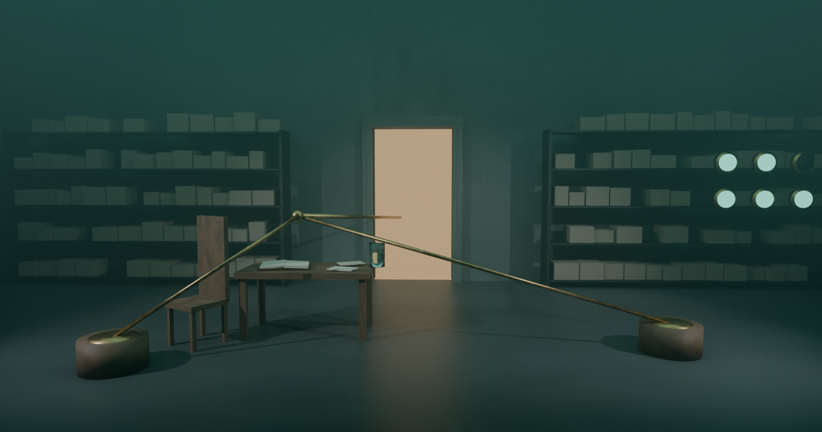 Day 90 visual: two brass threads run in from opposite sides of a dark hall, meet in one knot above a work table, and go on as one line toward a lit doorway.