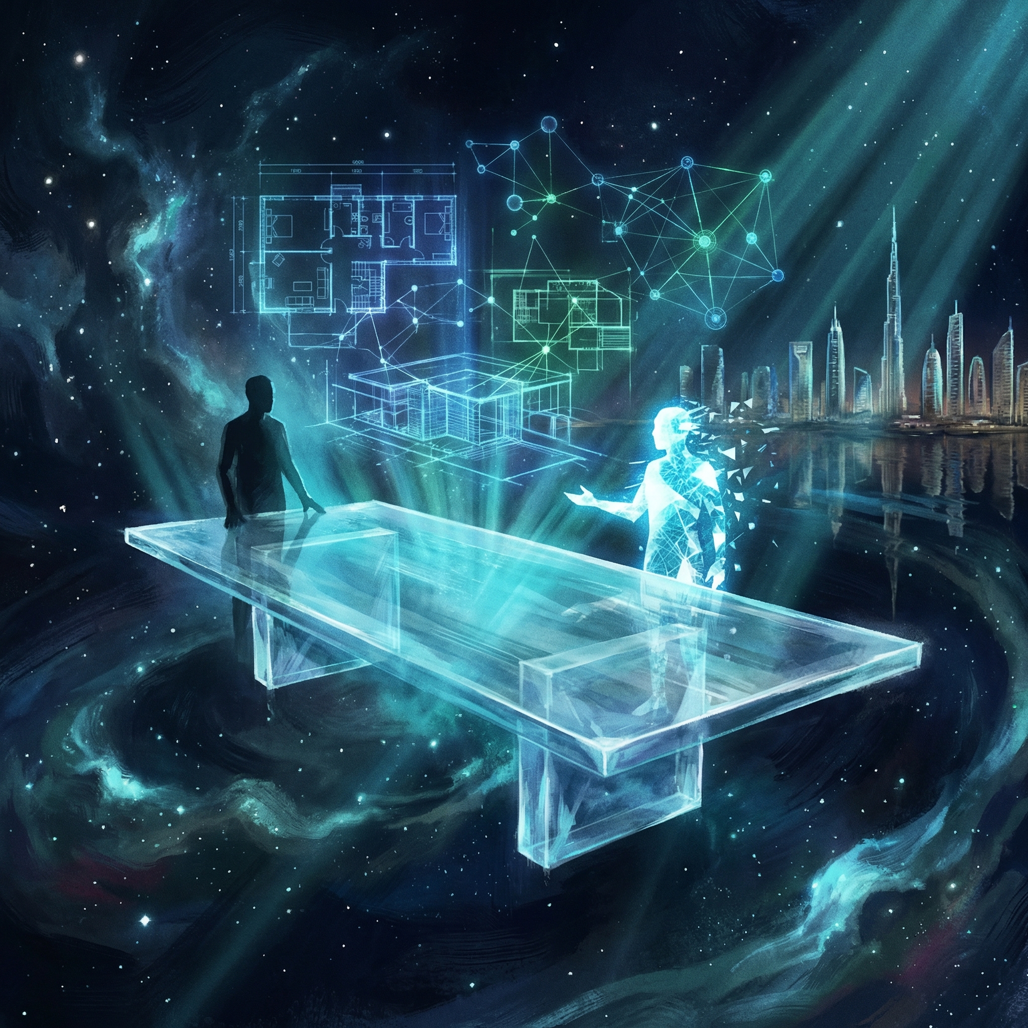 Two figures meeting across a crystalline table in deep space, holographic architecture blueprints floating between them