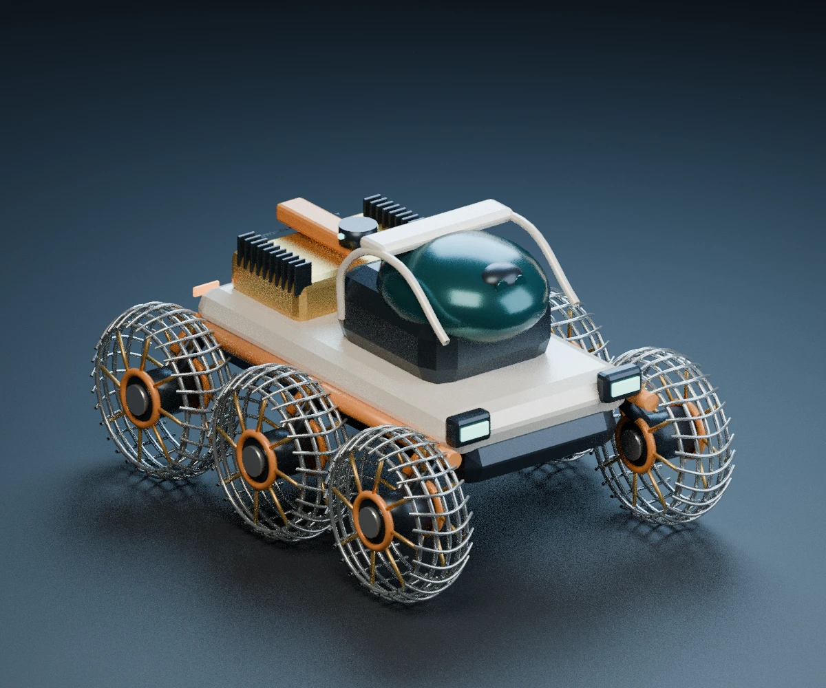 Explorer rover with six open spring-mesh tires, independent suspension and a panoramic camera dome