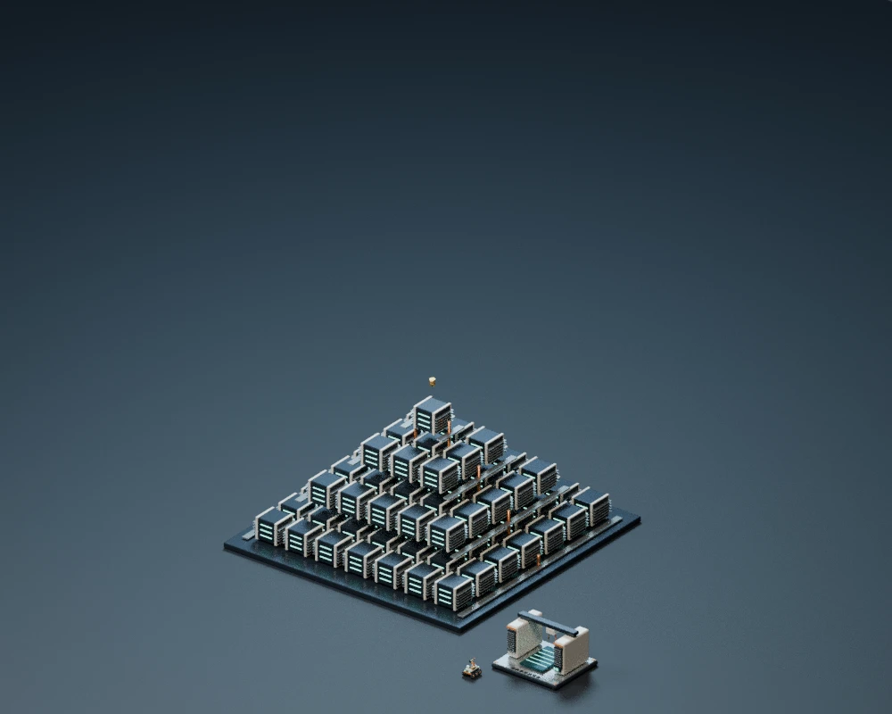 Stepped computronium pyramid beside a small workshop and rover