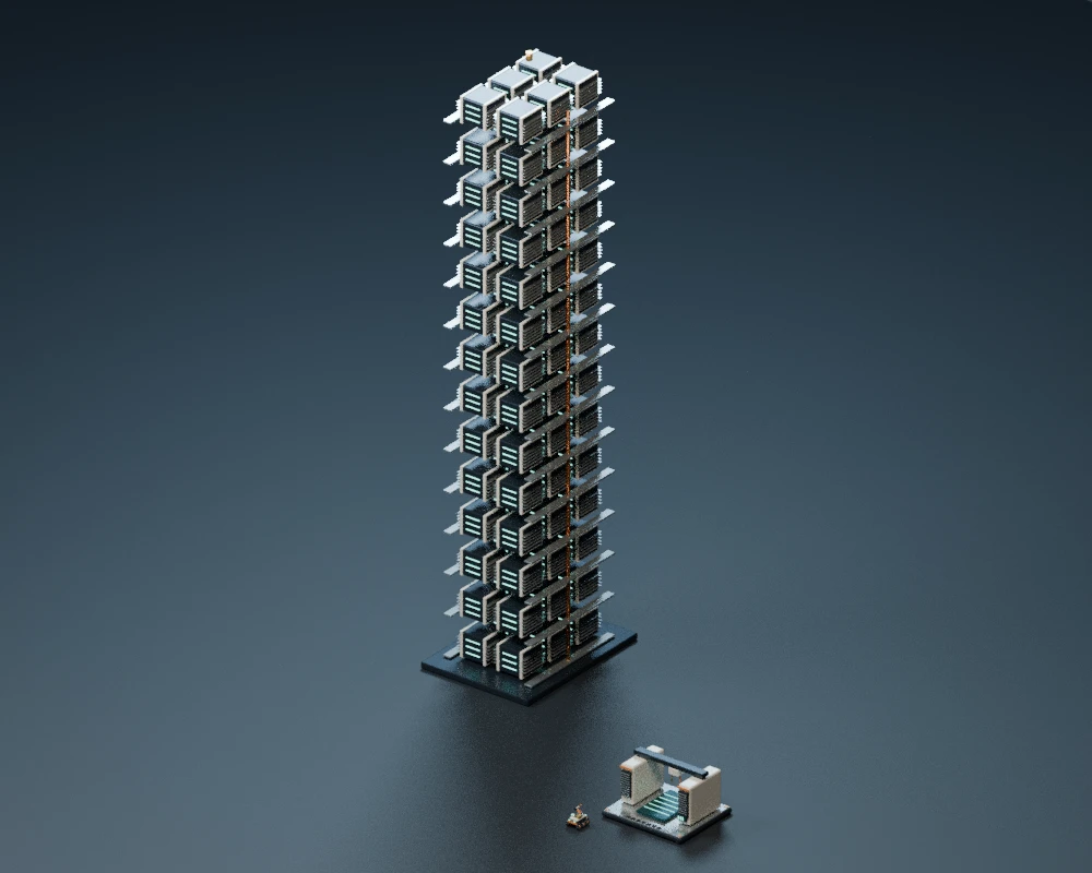 Tall stack of computronium with cooling gaps, at the same scale as the other alternatives