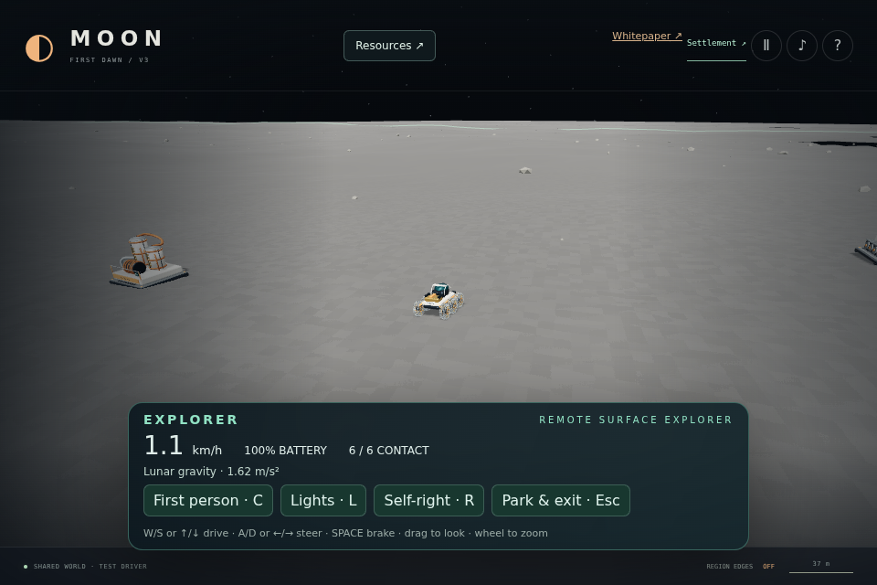 Explorer in a chase camera view among lunar industrial buildings