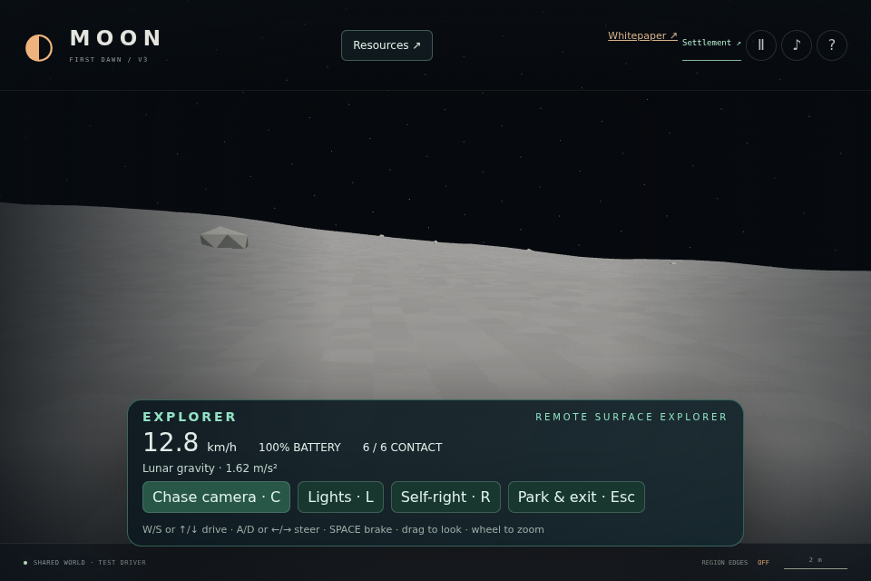 First-person Explorer view across lunar regolith toward a machine