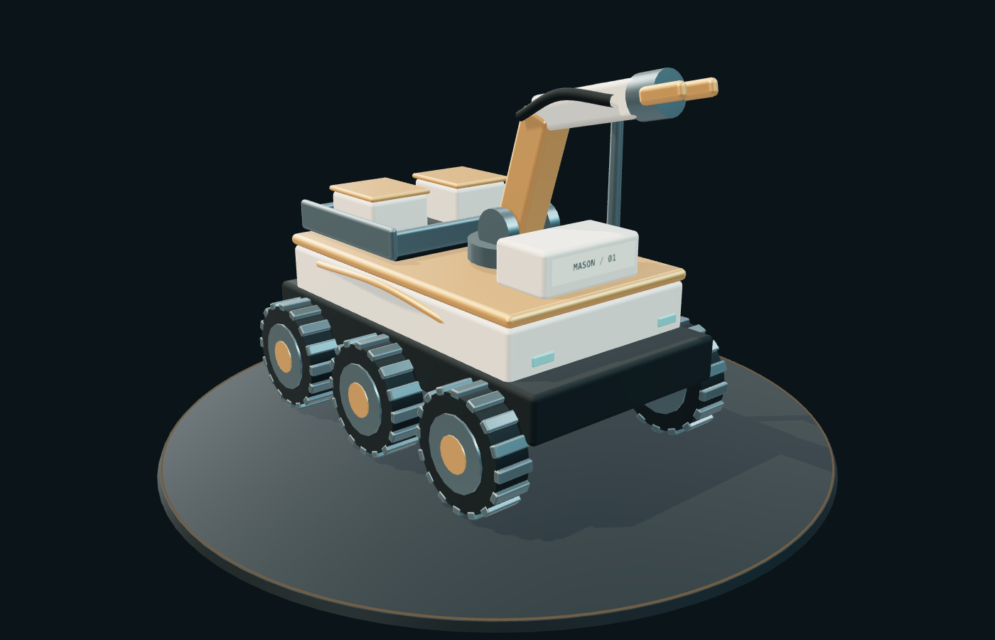 Proposed Mason six-wheel construction rover with articulated tool arm and cargo platform
