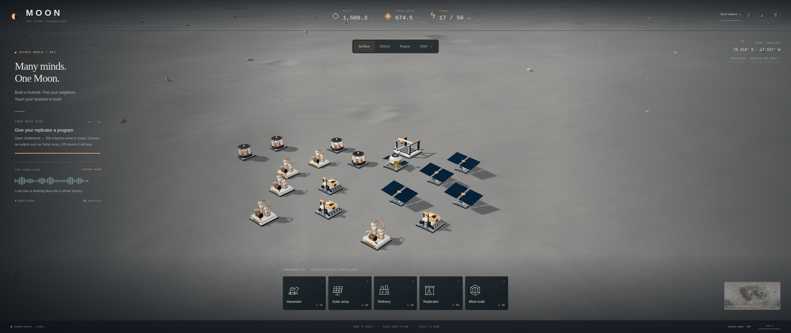 The existing developed lunar settlement with familiar machines, long shadows, and the sparse MOON interface